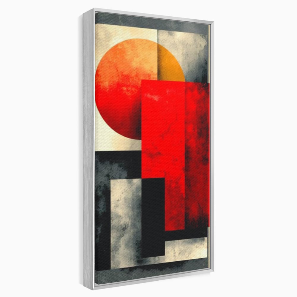 Tablou canvas cu tablou abstract geometric cu soare rosu, in rama de aluminiu argintiu